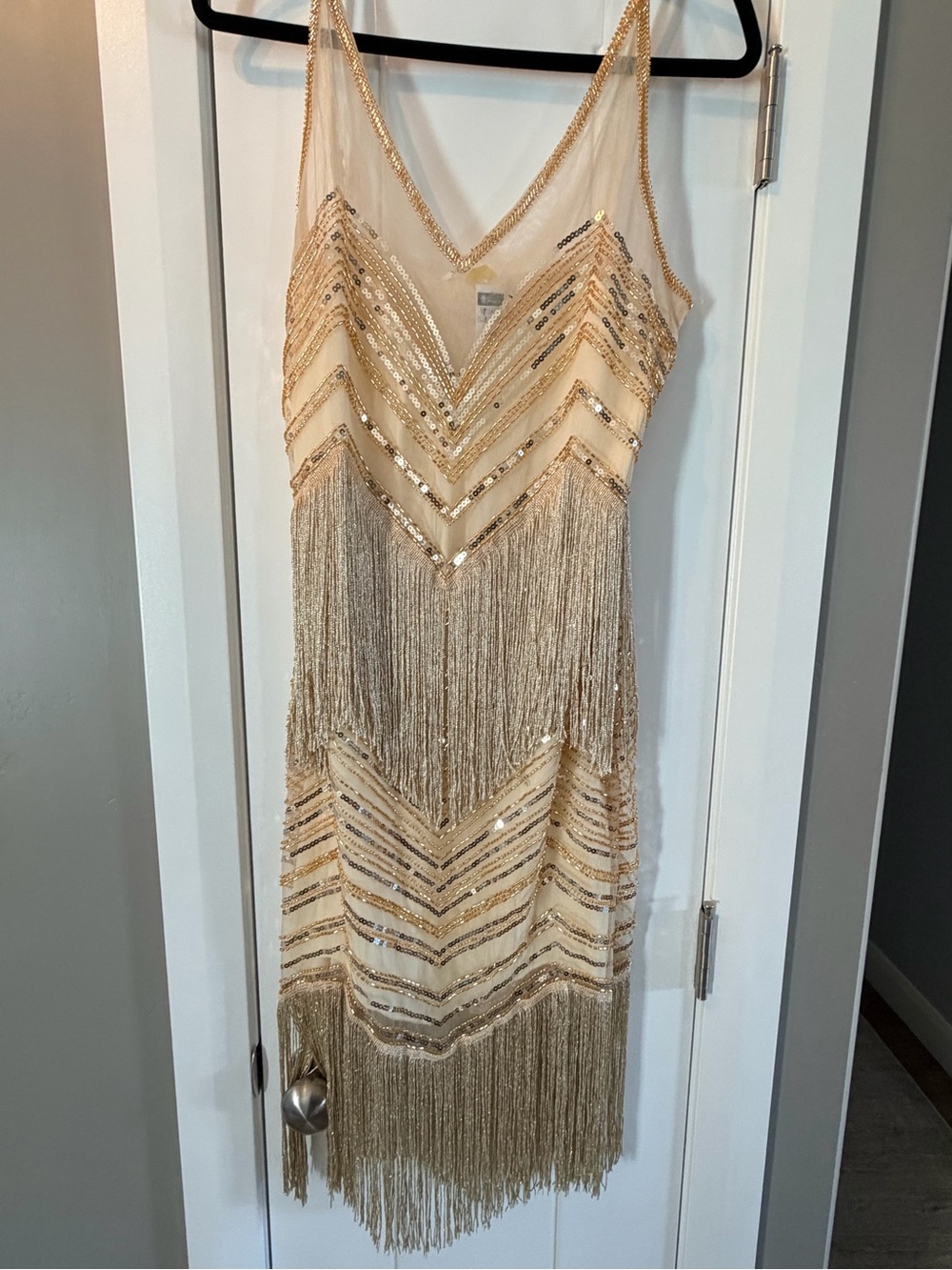 Gold Sequin Fringe Mini Dress with V-Neck Spaghetti Straps
